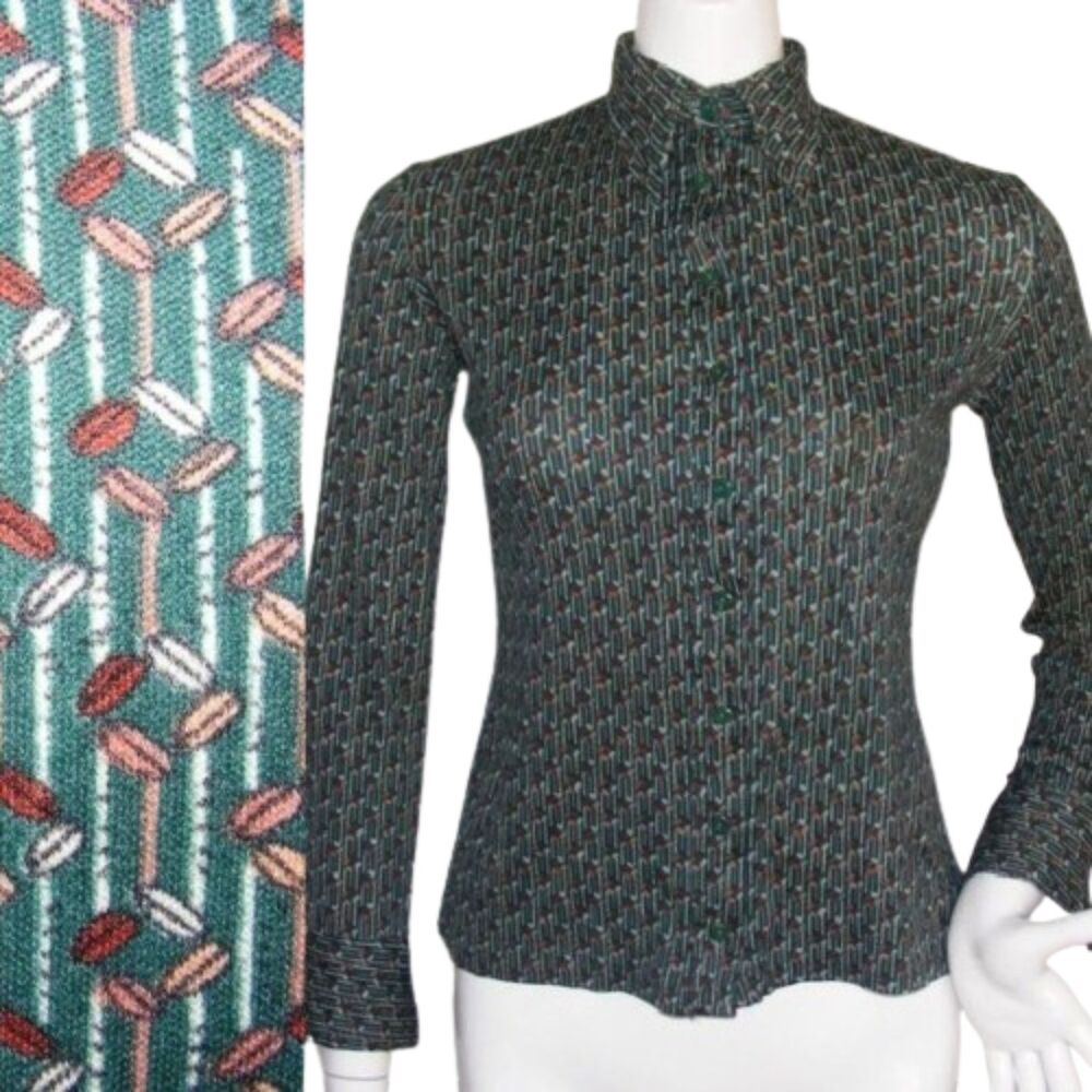 VINTAGE Blouse, XS/S, Green, Geo print, longer collar, Long sleeves, Stretch
